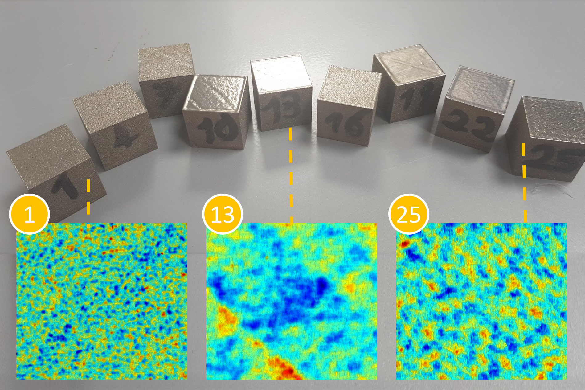 Additive manufactured parts produced with different machining parameters resulting in different surface textures Additive manufactured parts produced with different machining parameters resulting in different surface textures