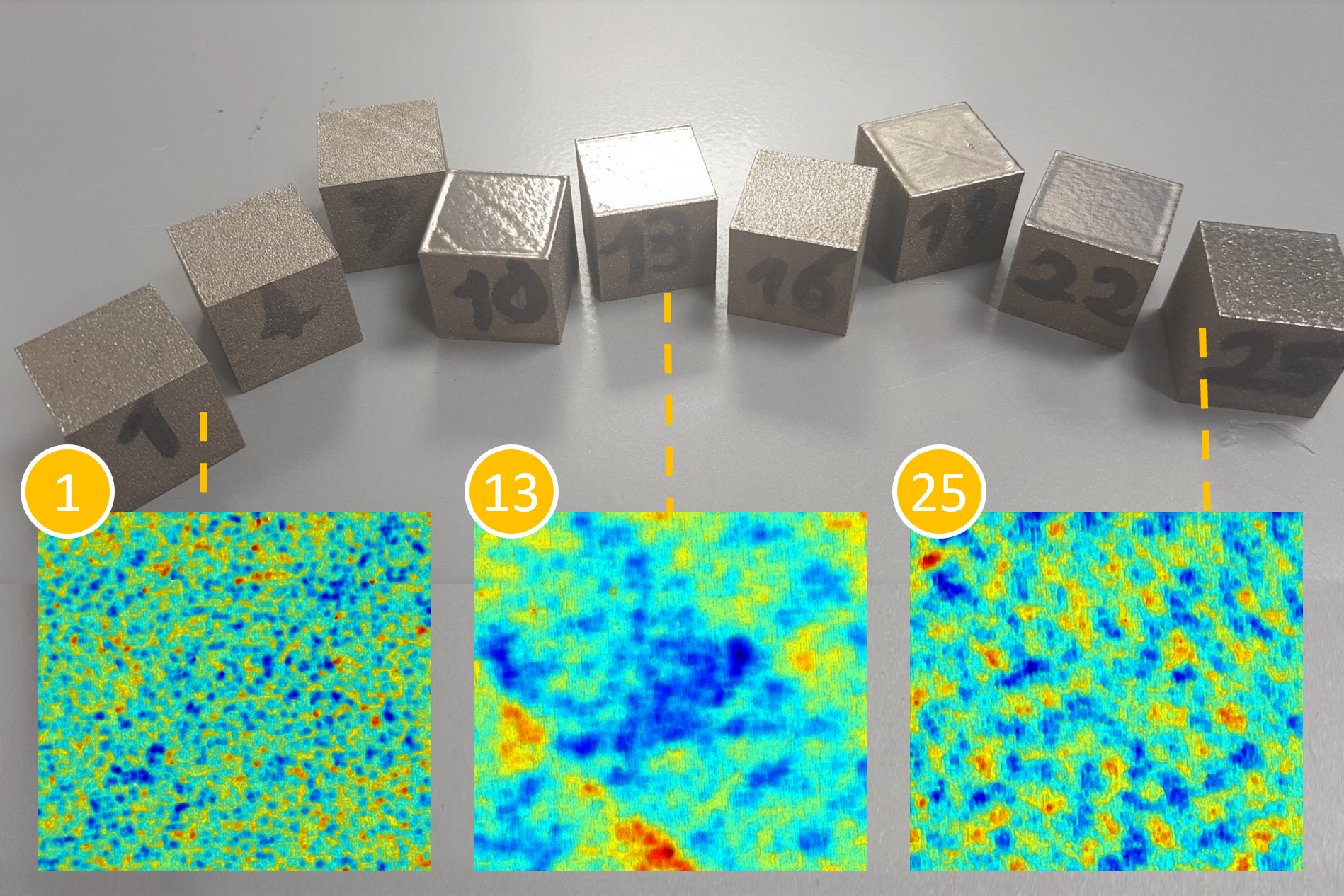 Additive manufactured parts produced with different machining parameters resulting in different surface textures Additive manufactured parts produced with different machining parameters resulting in different surface textures